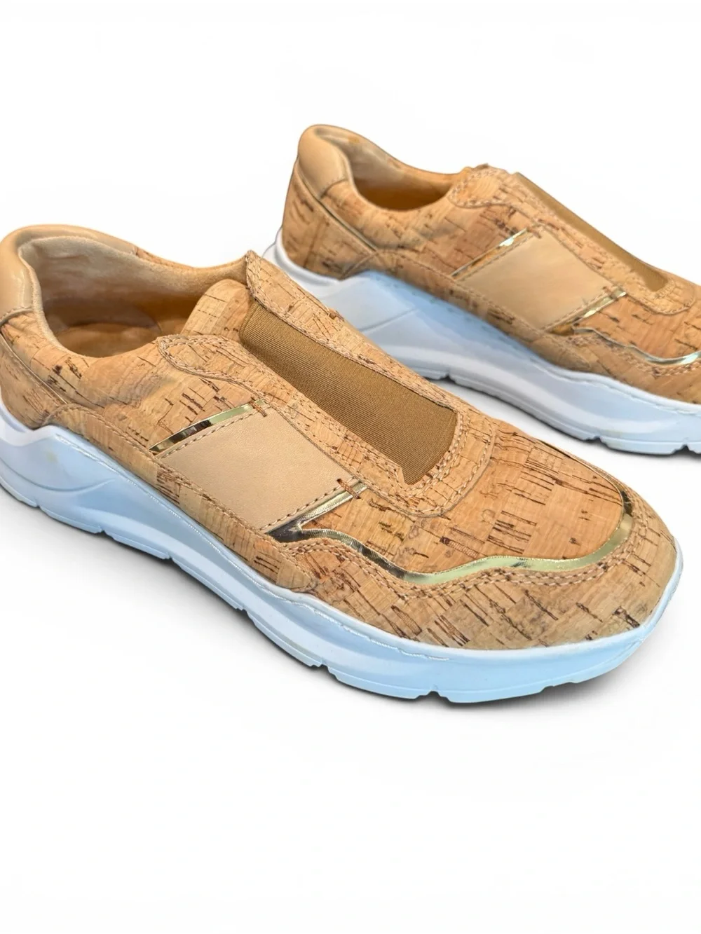 DONALD J PLINER Karli Cork Slip-On Fashion Sneaker Women 8M Tan Gold Trim NEW